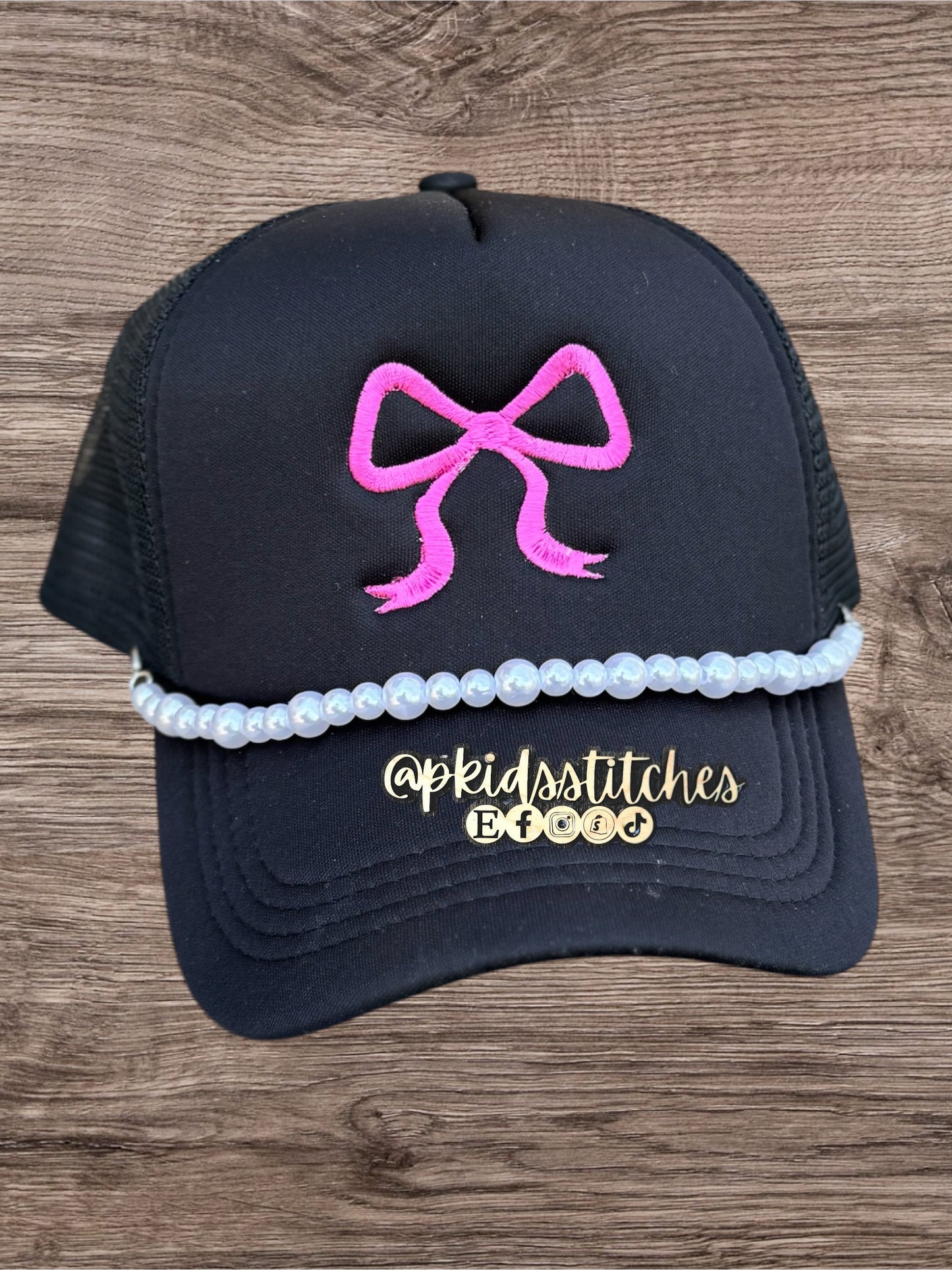 Black Foam Trucker Hat with Bow and Pearl Chain