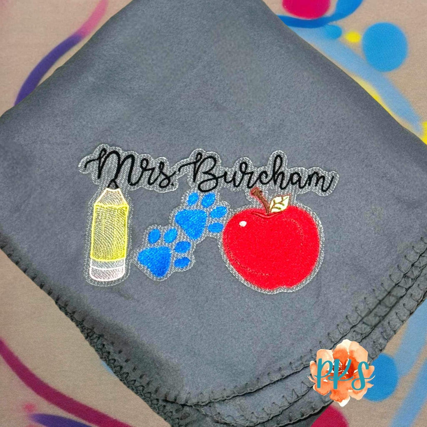 Personalized Teacher Embroidered Throw with Teacher Icons and Paw Prints
