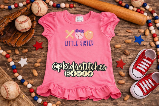 Baseball Trio Little Sister Shirt - Girls Puff Sleeve Tee