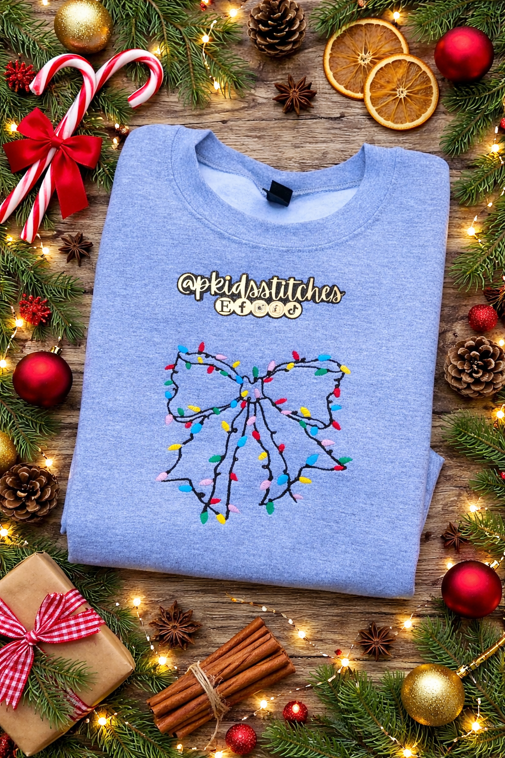 Christmas Lights Bow Sweatshirt | Festive Holiday Crewneck | Embroidered Christmas Sweatshirt