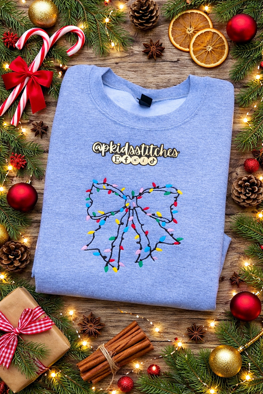 Christmas Lights Bow Sweatshirt | Festive Holiday Crewneck | Embroidered Christmas Sweatshirt