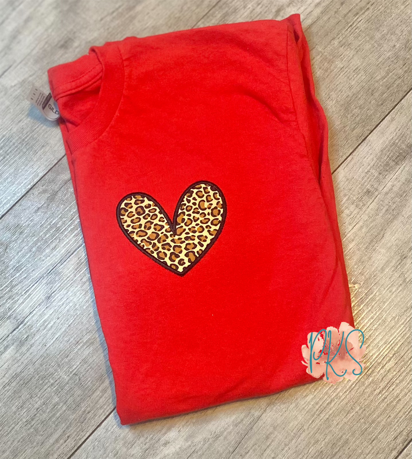 Leopard Print Heart Appliqué Women’s Long Sleeve Shirt - left chest placement