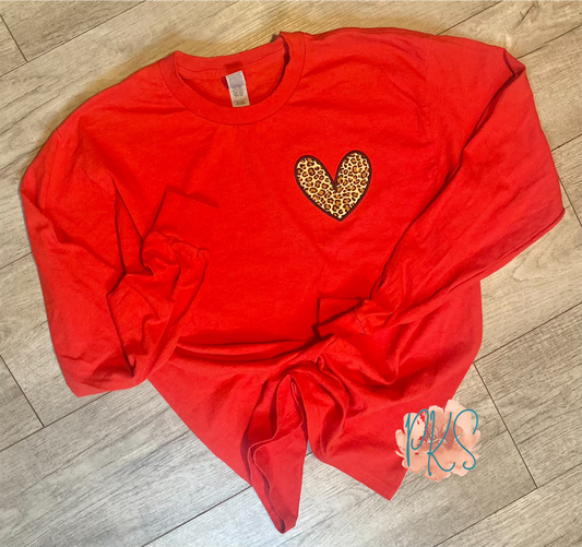 Leopard Print Heart Appliqué Women’s Long Sleeve Shirt - left chest placement