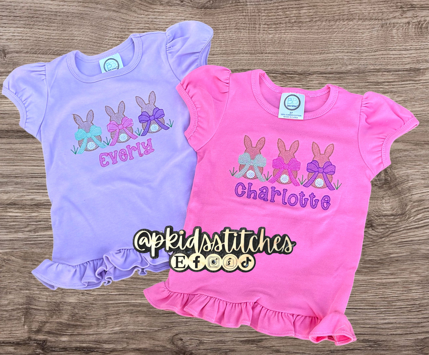 Personalized Bunny Trio Girls Ruffle Tee