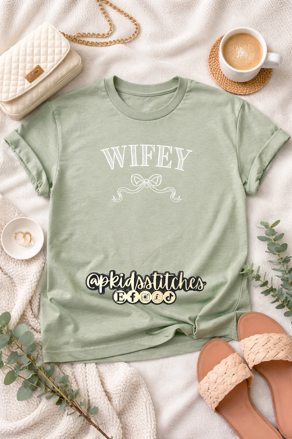 Wifey Bow Graphic Tee – Soft Sage Green Shirt