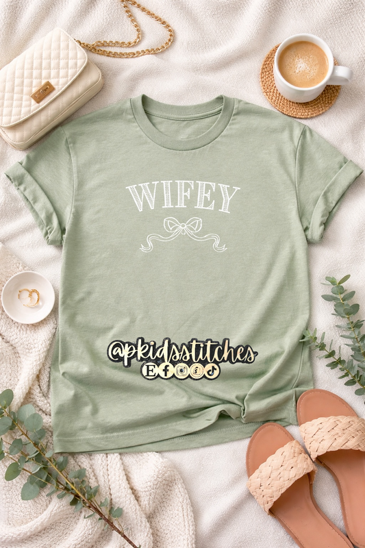 Wifey Bow Graphic Tee – Soft Sage Green Shirt